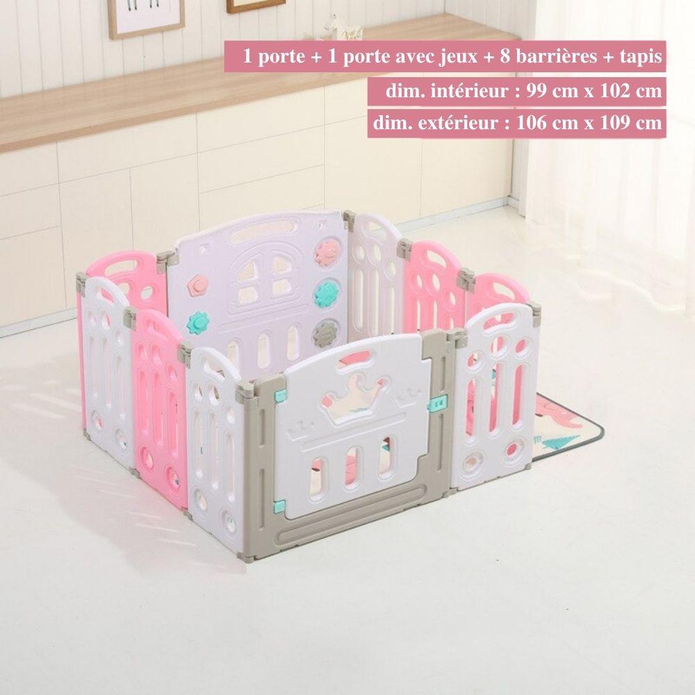 "Parc bébé sécurisé pliable bleu/rose, barrière modulable avec panier basket, adapté 0-6 ans, espace de jeu amusant."