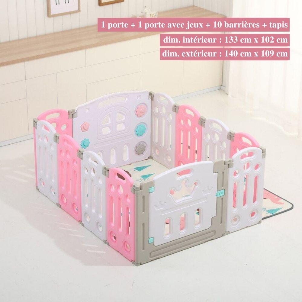"Parc bébé sécurisé pliable bleu/rose, barrière modulable avec panier basket, adapté 0-6 ans, espace de jeu amusant."