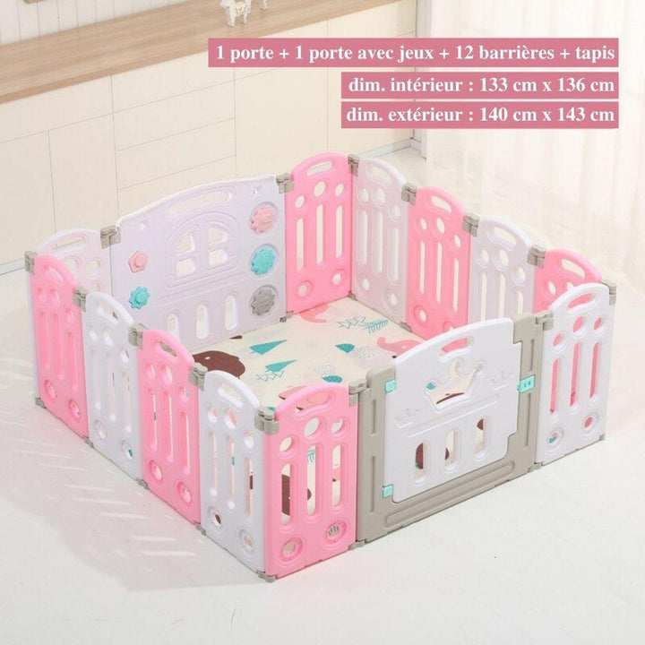 "Parc bébé sécurisé pliable bleu/rose, barrière modulable avec panier basket, adapté 0-6 ans, espace de jeu amusant."