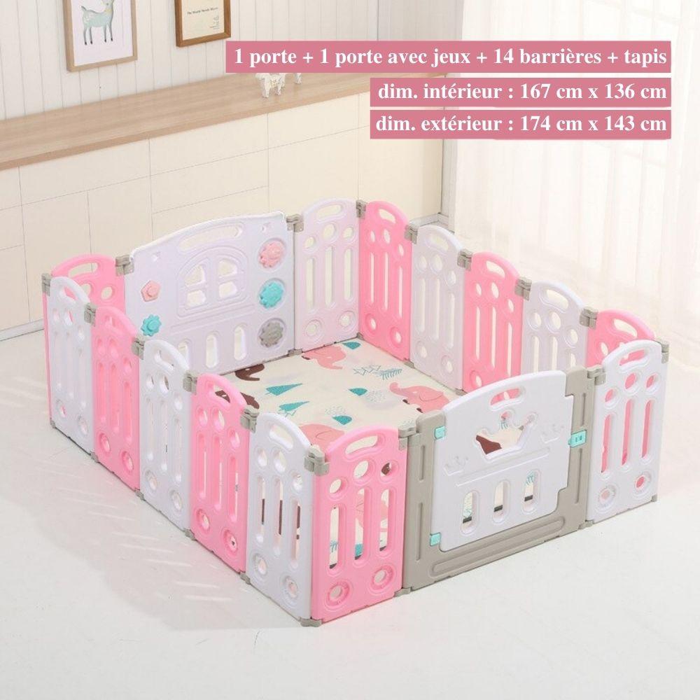 "Parc bébé sécurisé pliable bleu/rose, barrière modulable avec panier basket, adapté 0-6 ans, espace de jeu amusant."
