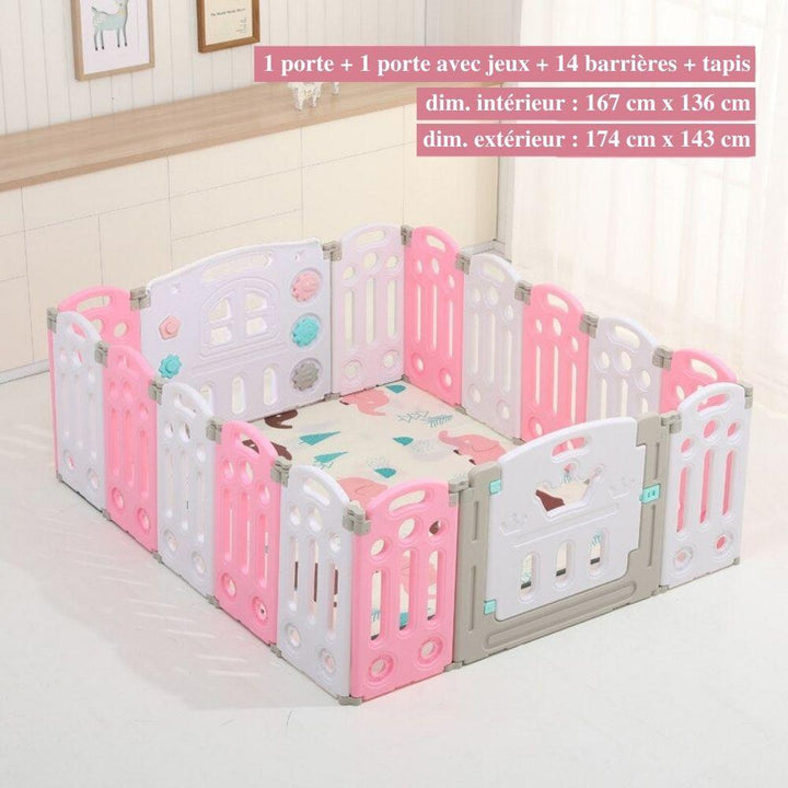 "Parc bébé sécurisé pliable bleu/rose, barrière modulable avec panier basket, adapté 0-6 ans, espace de jeu amusant."