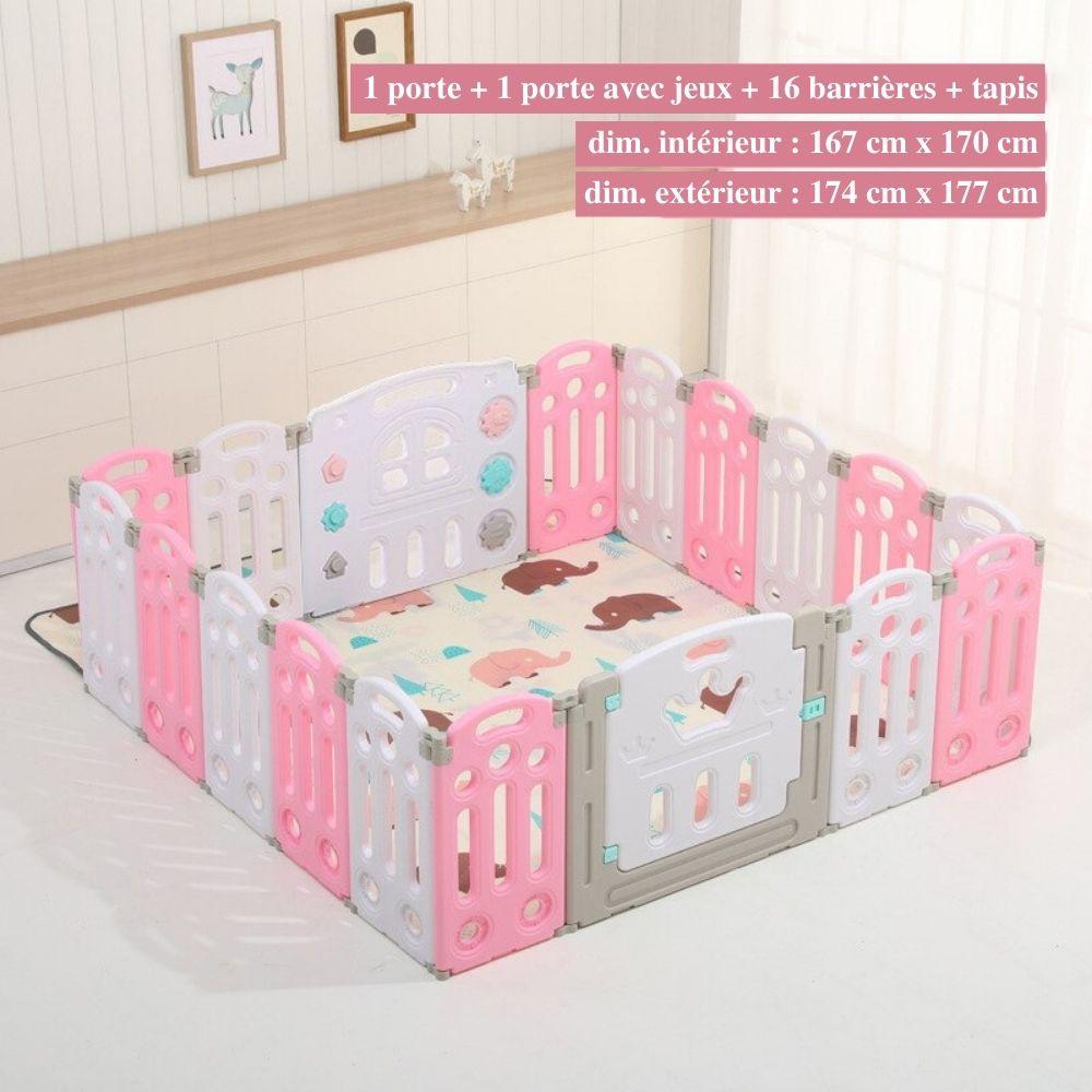 "Parc bébé sécurisé pliable bleu/rose, barrière modulable avec panier basket, adapté 0-6 ans, espace de jeu amusant."