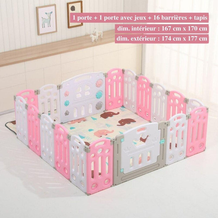 "Parc bébé sécurisé pliable bleu/rose, barrière modulable avec panier basket, adapté 0-6 ans, espace de jeu amusant."