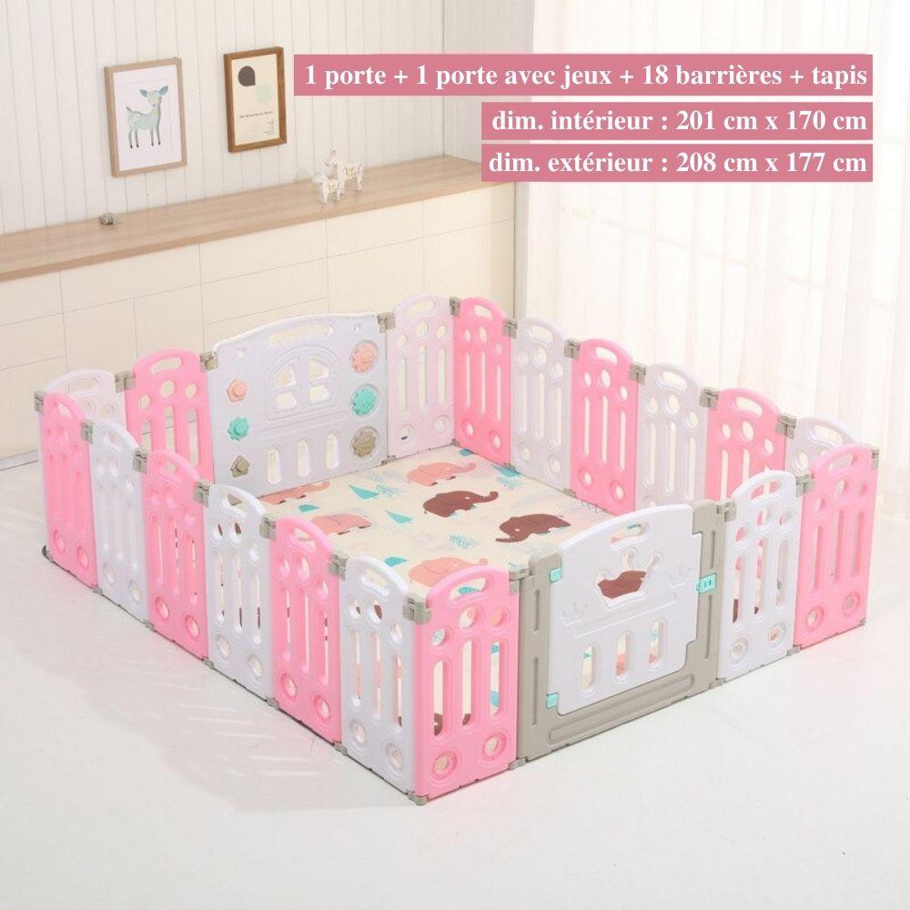 "Parc bébé sécurisé pliable bleu/rose, barrière modulable avec panier basket, adapté 0-6 ans, espace de jeu amusant."