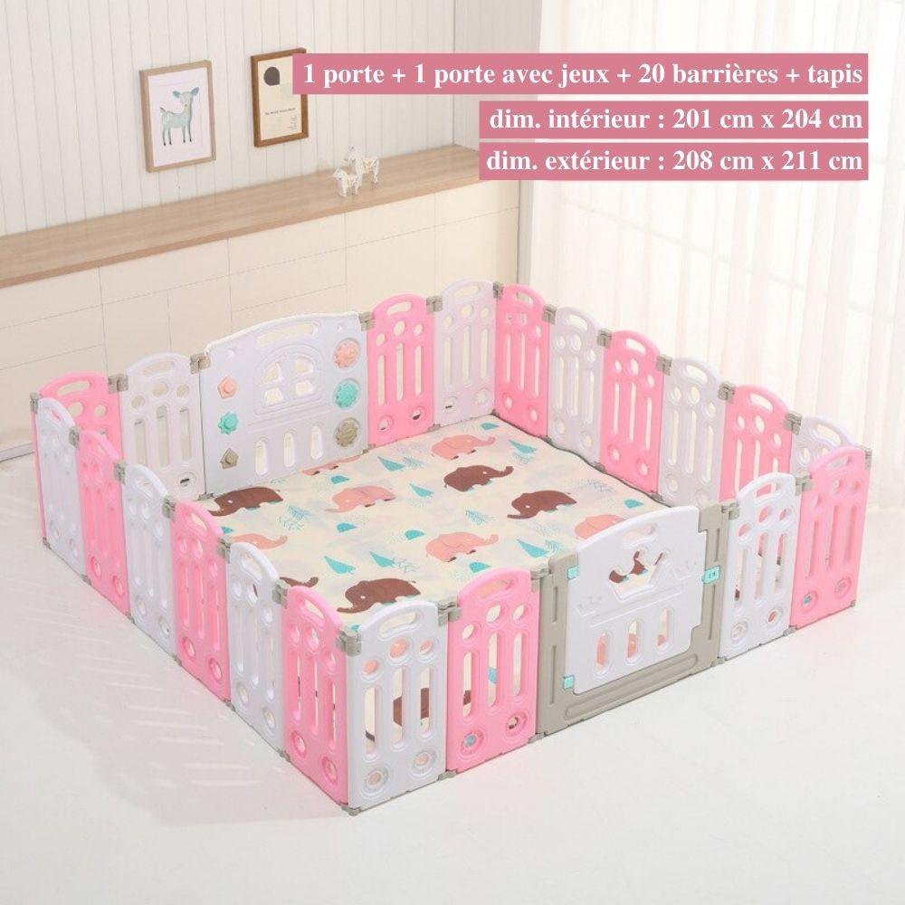 "Parc bébé sécurisé pliable bleu/rose, barrière modulable avec panier basket, adapté 0-6 ans, espace de jeu amusant."