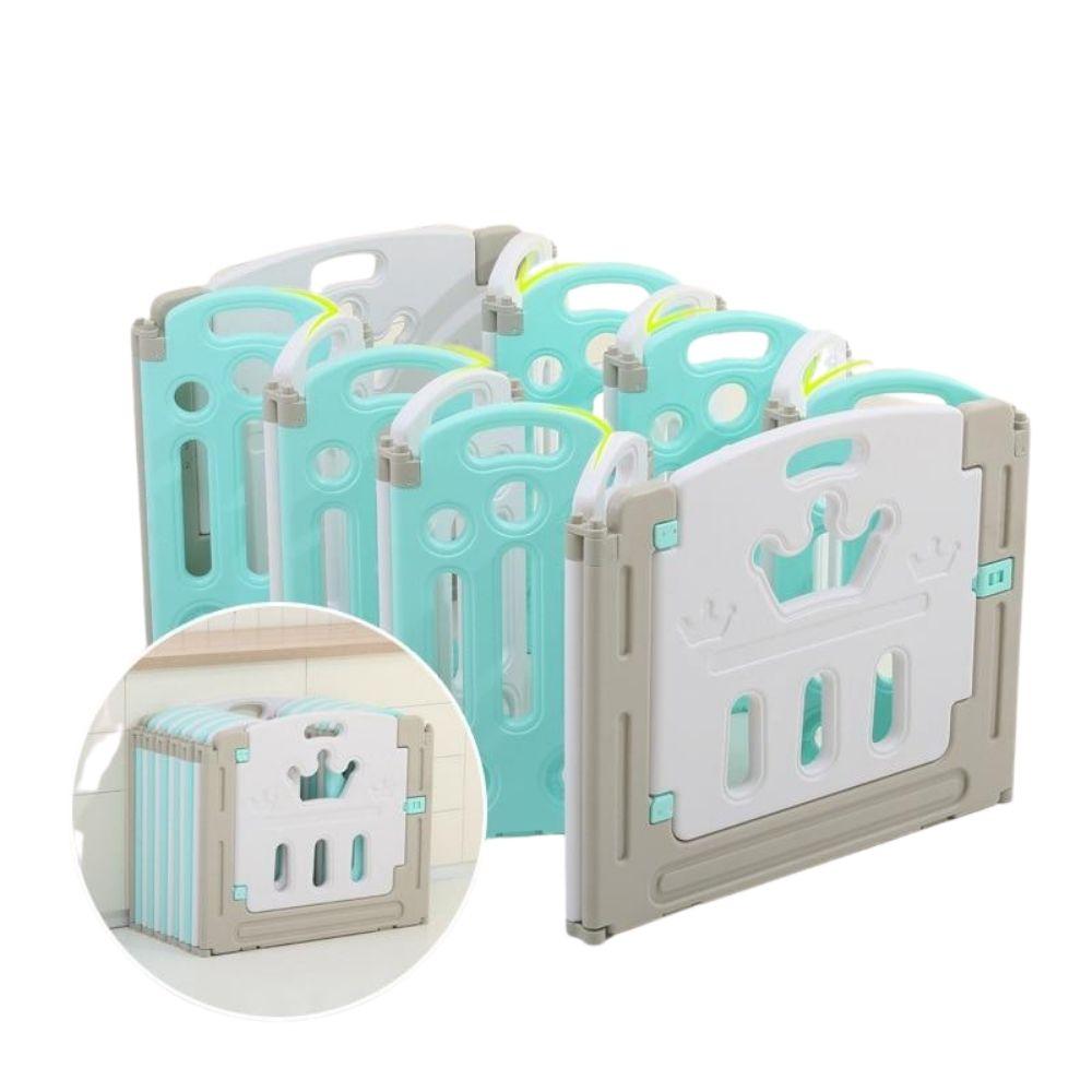 "Parc bébé sécurisé pliable bleu/rose, barrière modulable avec panier basket, adapté 0-6 ans, espace de jeu amusant."