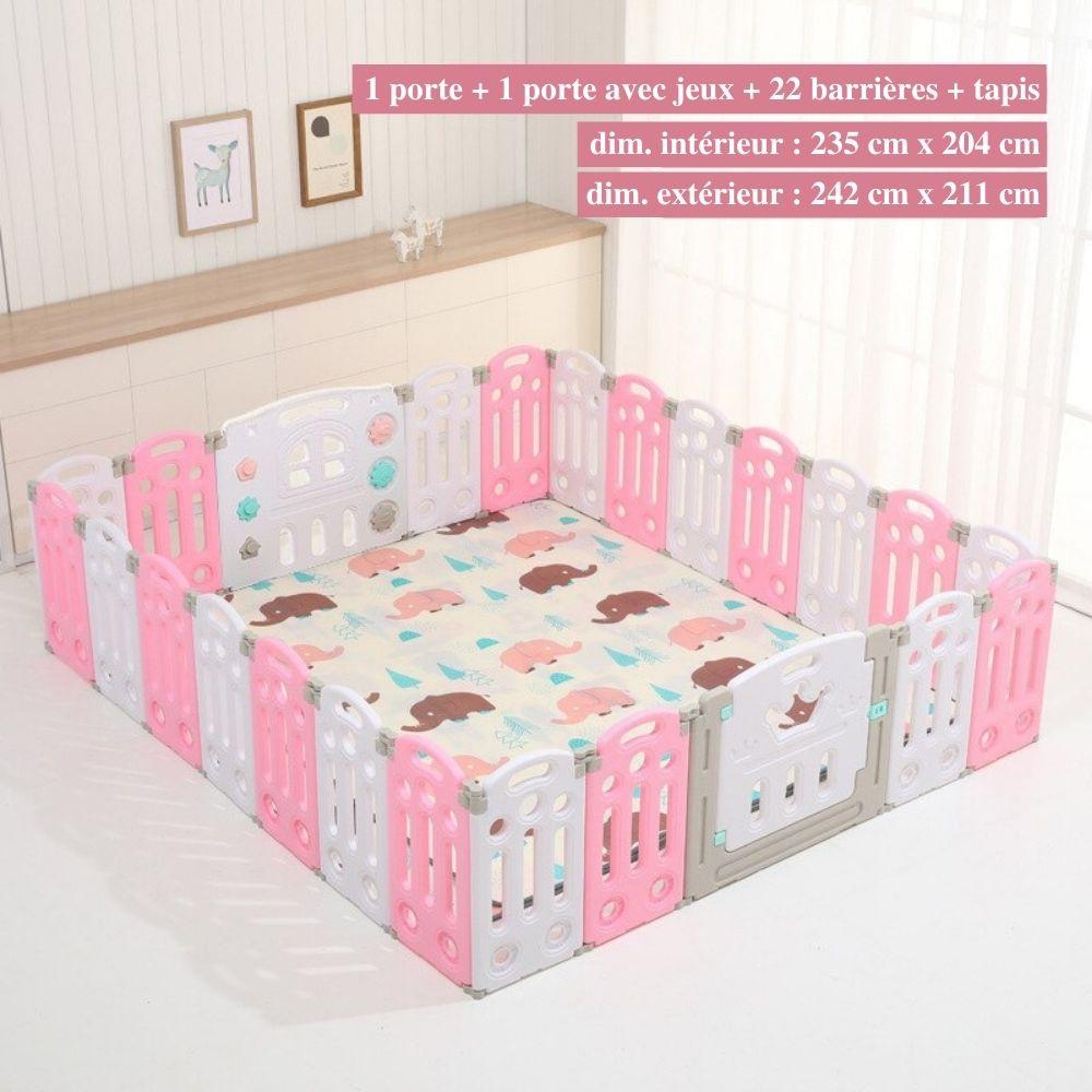 "Parc bébé sécurisé pliable bleu/rose, barrière modulable avec panier basket, adapté 0-6 ans, espace de jeu amusant."