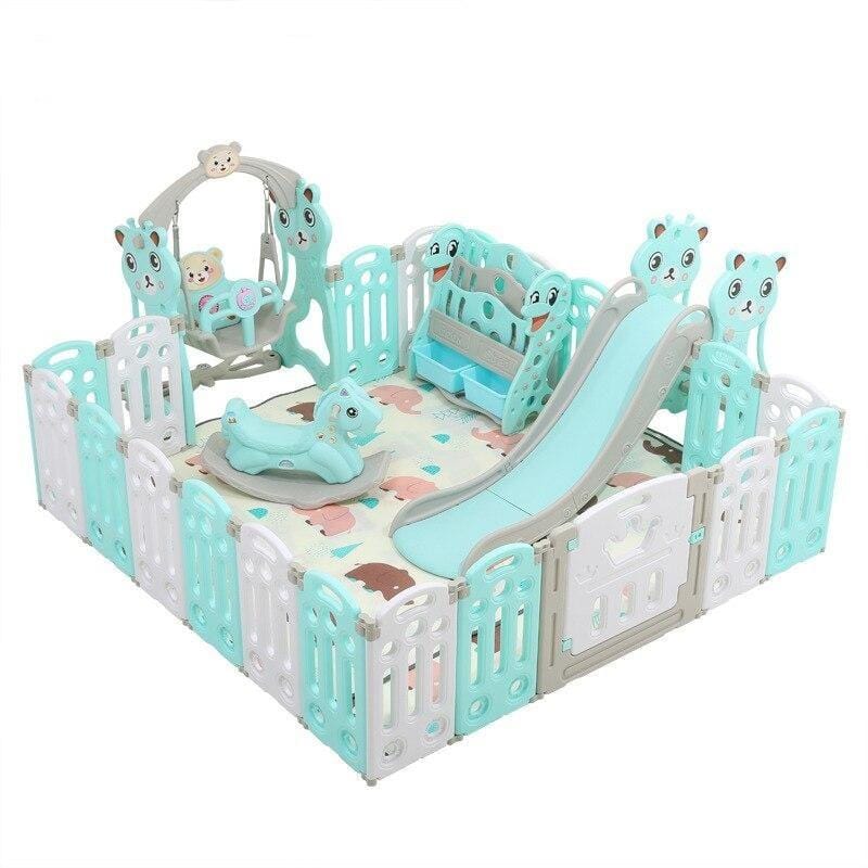 "Parc bébé sécurisé pliable bleu/rose, barrière modulable avec panier basket, adapté 0-6 ans, espace de jeu amusant."