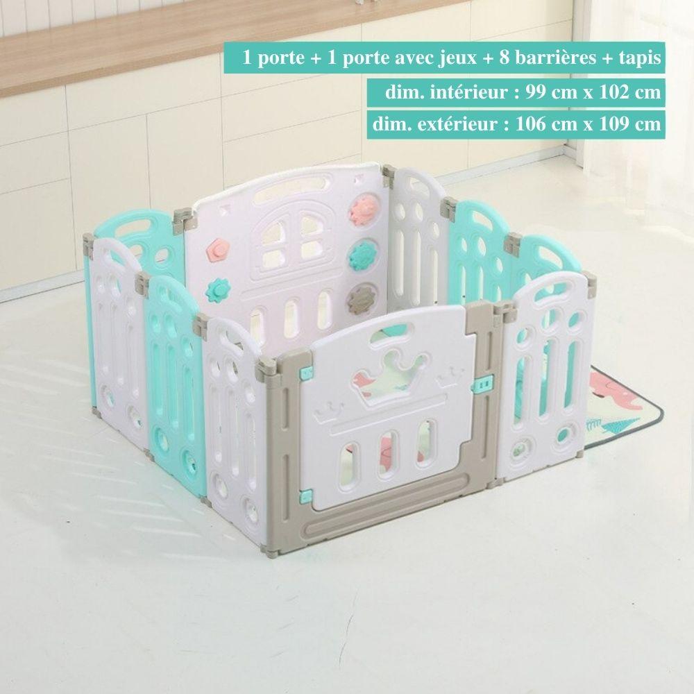 "Parc bébé sécurisé pliable bleu/rose, barrière modulable avec panier basket, adapté 0-6 ans, espace de jeu amusant."