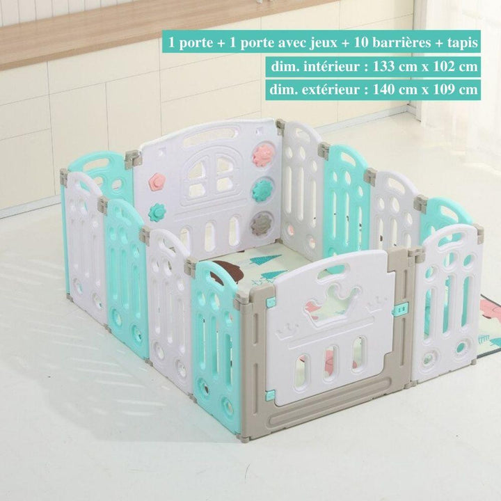 "Parc bébé sécurisé pliable bleu/rose, barrière modulable avec panier basket, adapté 0-6 ans, espace de jeu amusant."