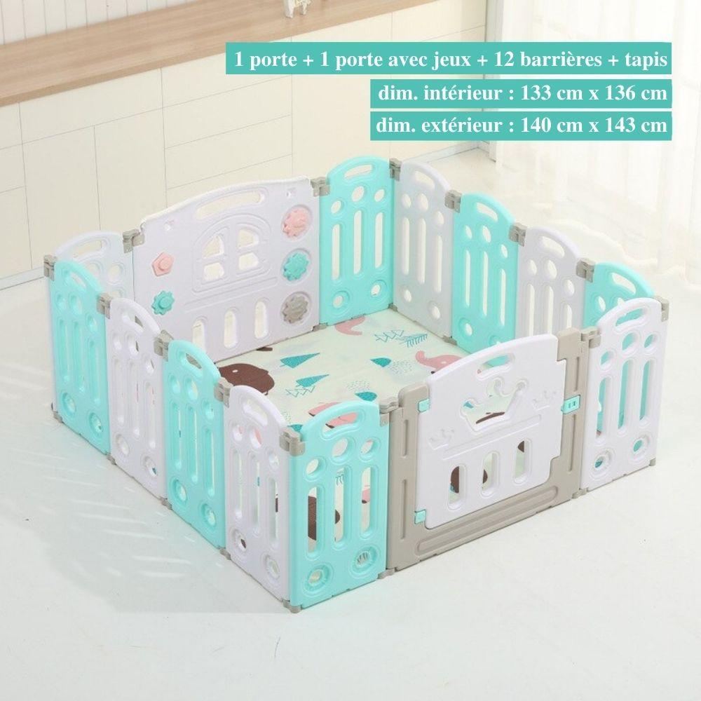 "Parc bébé sécurisé pliable bleu/rose, barrière modulable avec panier basket, adapté 0-6 ans, espace de jeu amusant."