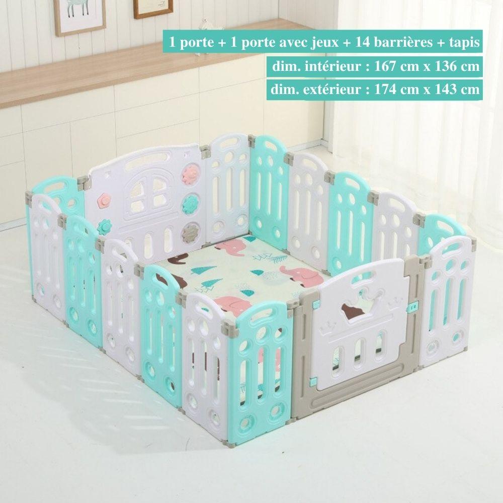 "Parc bébé sécurisé pliable bleu/rose, barrière modulable avec panier basket, adapté 0-6 ans, espace de jeu amusant."