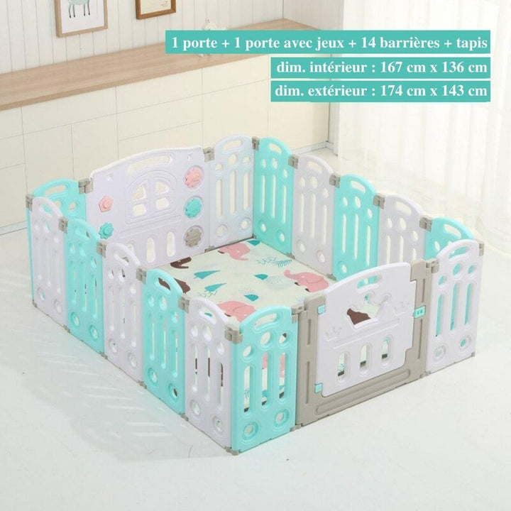 "Parc bébé sécurisé pliable bleu/rose, barrière modulable avec panier basket, adapté 0-6 ans, espace de jeu amusant."