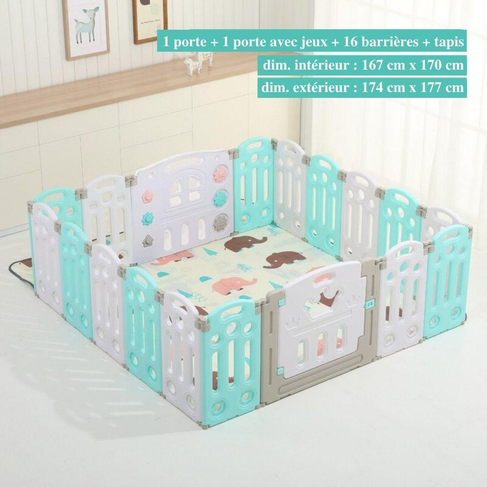 "Parc bébé sécurisé pliable bleu/rose, barrière modulable avec panier basket, adapté 0-6 ans, espace de jeu amusant."