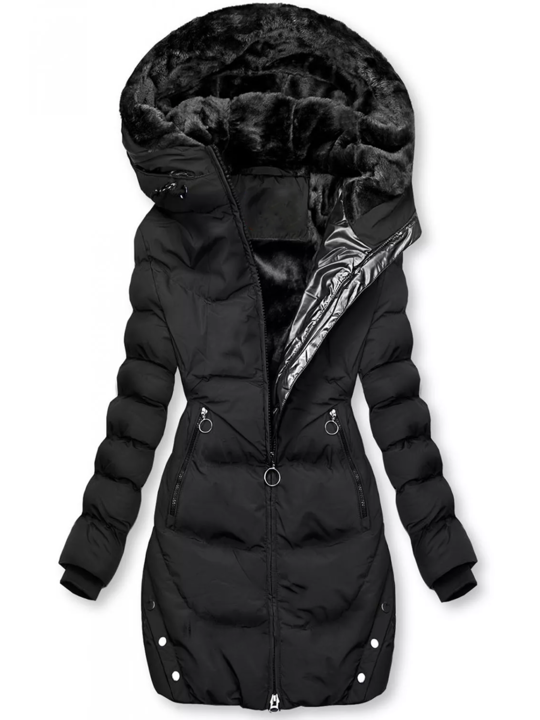 Parka chauffante femme élégante noire, avec capuche en fausse fourrure. Idéale pour l'hiver, offre chaleur et confort.