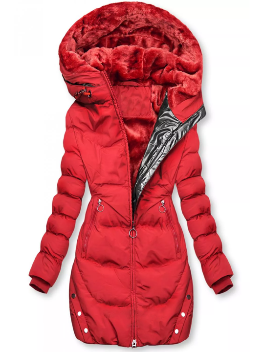 Doudoune parka femme chaude rouge pour hiver, avec chauffage intégré. Manteau extérieur élégant et confortable.