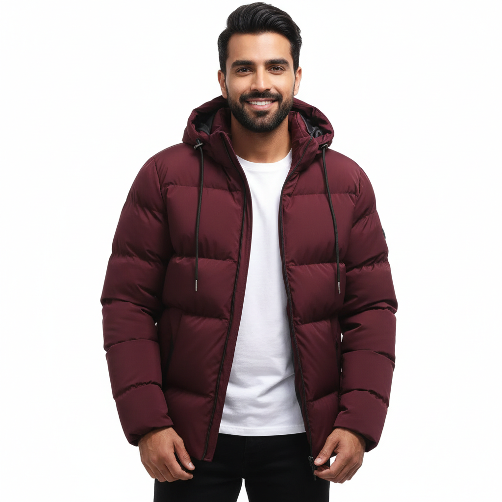 Parka d'hiver homme imperméable noire, matelassée, avec capuche, idéale pour le froid urbain et outdoor.