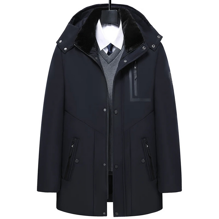 Parka homme hiver, chaude, capuche amovible.  Modèle bleu foncé.