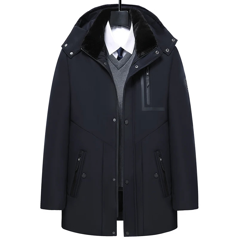 Parka homme hiver, chaude, capuche amovible.  Modèle bleu foncé.