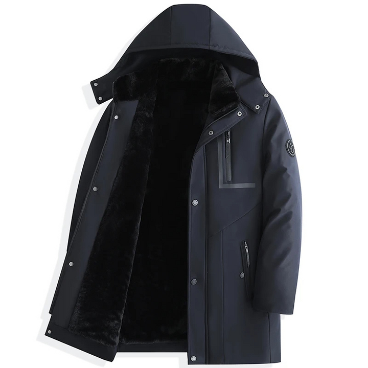 Parka homme hiver, chaude, capuche amovible.  Modèle bleu foncé.