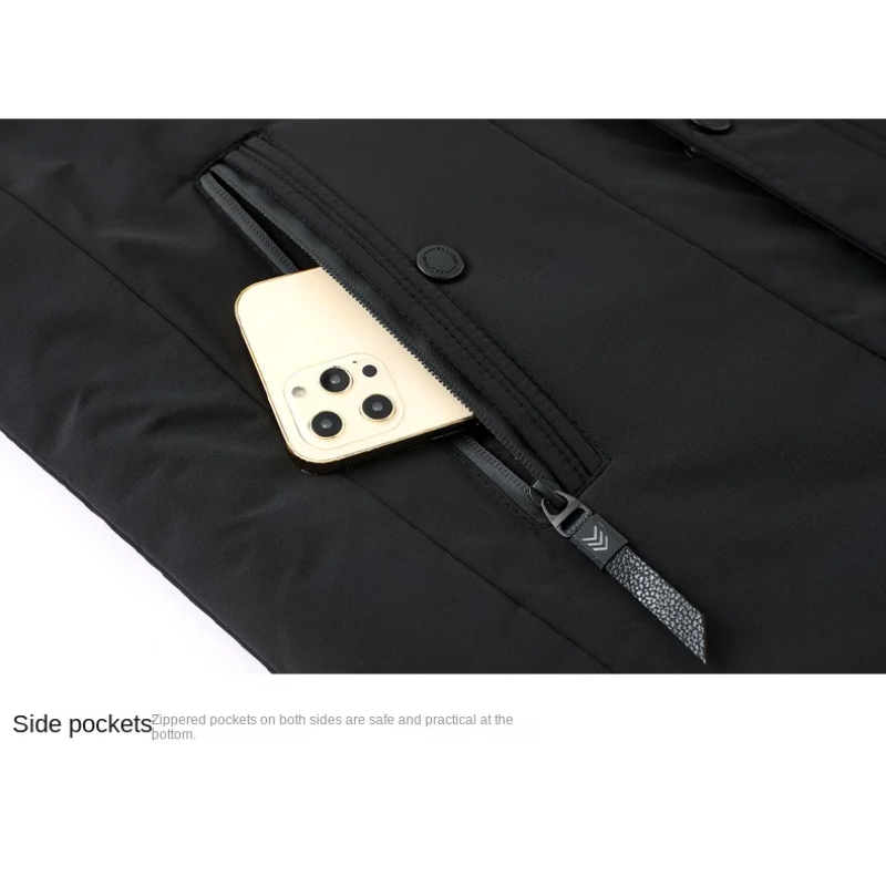 Parka homme hiver, chaude, capuche amovible.  Modèle bleu foncé.