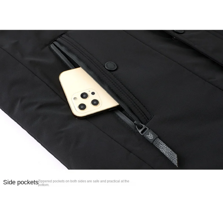 Parka homme hiver, chaude, capuche amovible.  Modèle bleu foncé.