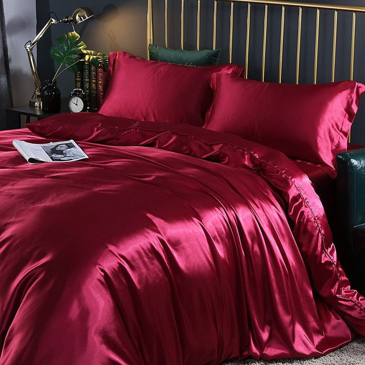 Parure de lit 4 pièces, soie/satin, luxe, douce, élégante.