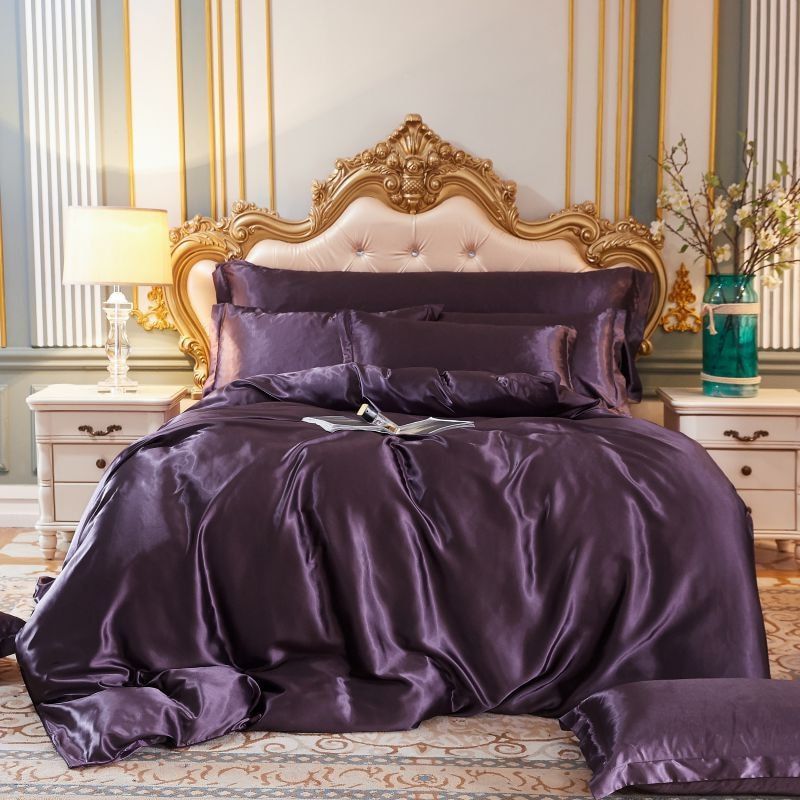 Parure de lit 4 pièces, soie/satin, luxe, douce, élégante.