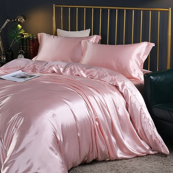 Parure de lit 4 pièces, soie/satin, luxe, douce, élégante.
