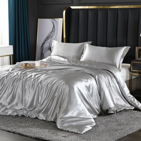 Parure de lit 4 pièces, soie/satin, luxe, douce, élégante.