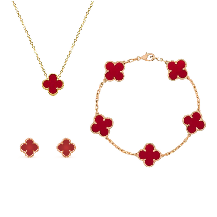 Collier et boucles d'oreilles trèfle, parure femme en acier inoxydable, bijoux élégants et modernes.