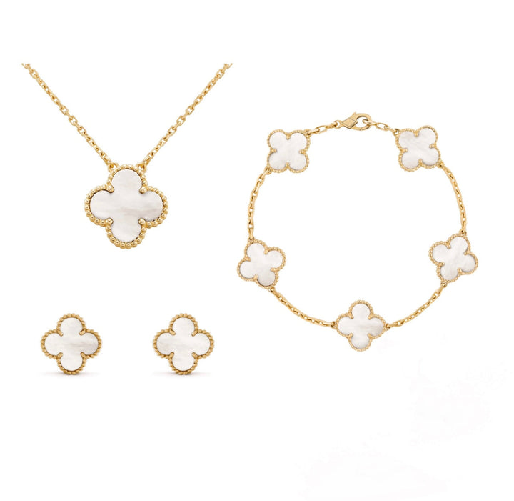 Coffret cadeau parure trèfle pour femme, ensemble bijoux élégant en acier inoxydable, hypoallergénique.