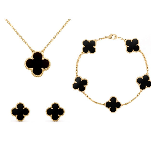 Collier et bracelet trèfle scintillants, parure femme élégante en acier inoxydable, style moderne.