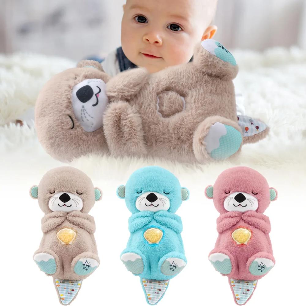 "Peluche loutre relaxante pour bébé, douce et moelleuse, avec effet respiration, apaisante en Bleu, Gris, Rose."