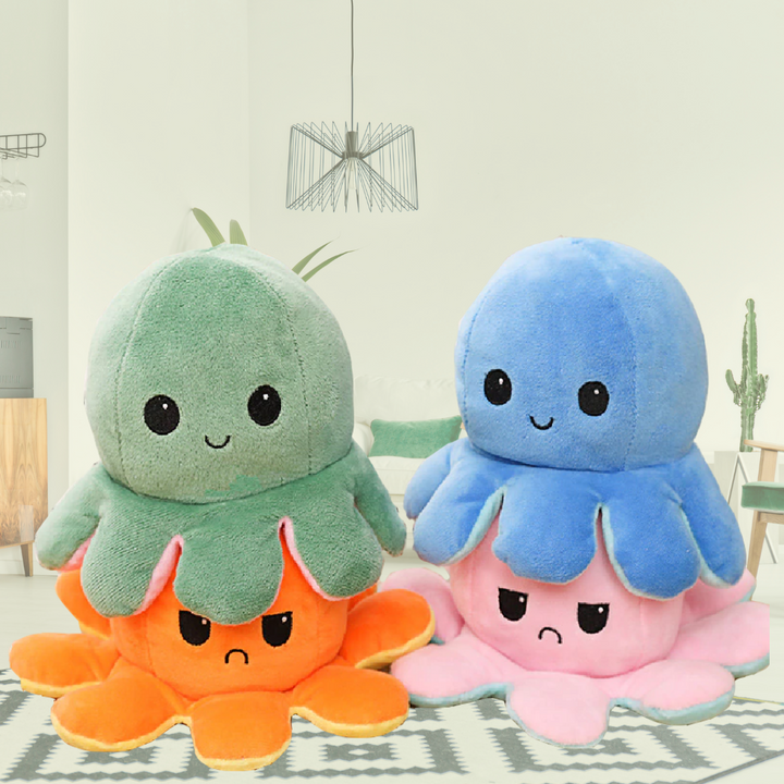 Peluche pieuvre réversible multicouleur, amusante et douce, change de visage heureux à triste pour indiquer votre humeur.