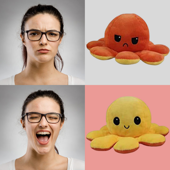 Peluche pieuvre réversible multicouleur, amusante et douce, change de visage heureux à triste pour indiquer votre humeur.