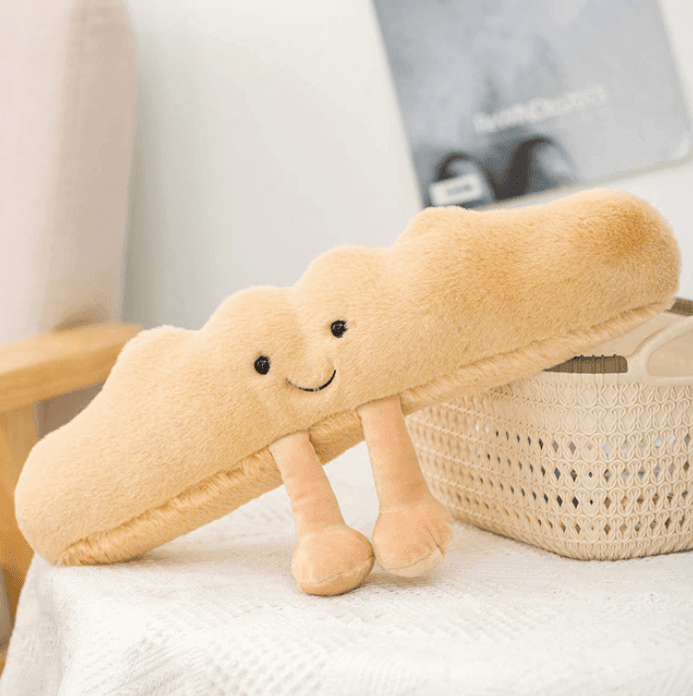 Peluches gourmandes : brezel, croissant, pain. Jouet doux et adorable pour enfants.