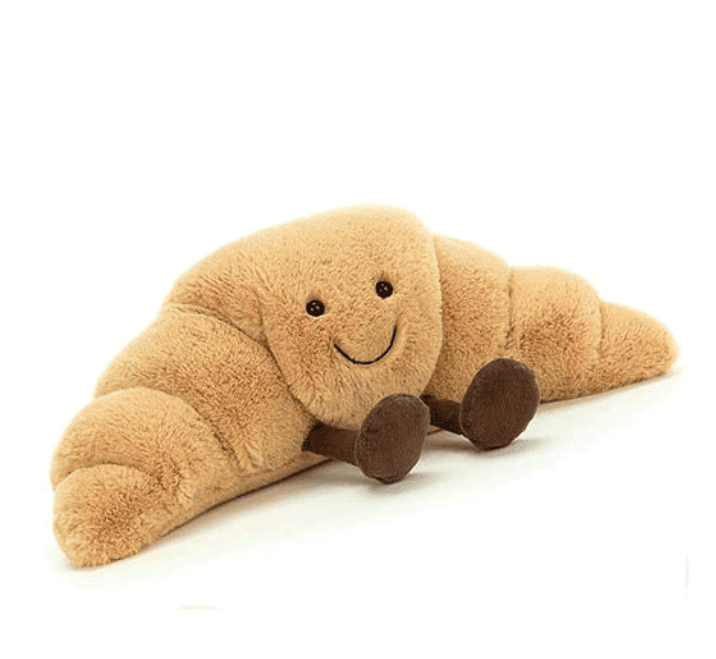 Peluches gourmandes : brezel, croissant, pain. Jouet doux et adorable pour enfants.