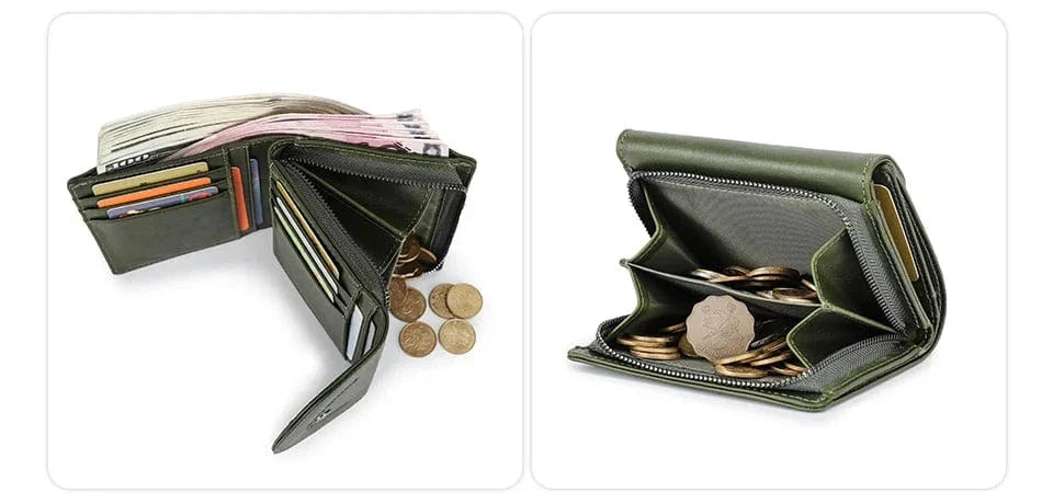 Gros plan sur la texture du cuir véritable d'un porte-cartes femme compact et de qualité.