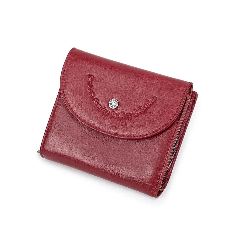 Porte-cartes portefeuille femme compact, en cuir marron vintage, avec fermeture sécurisée.