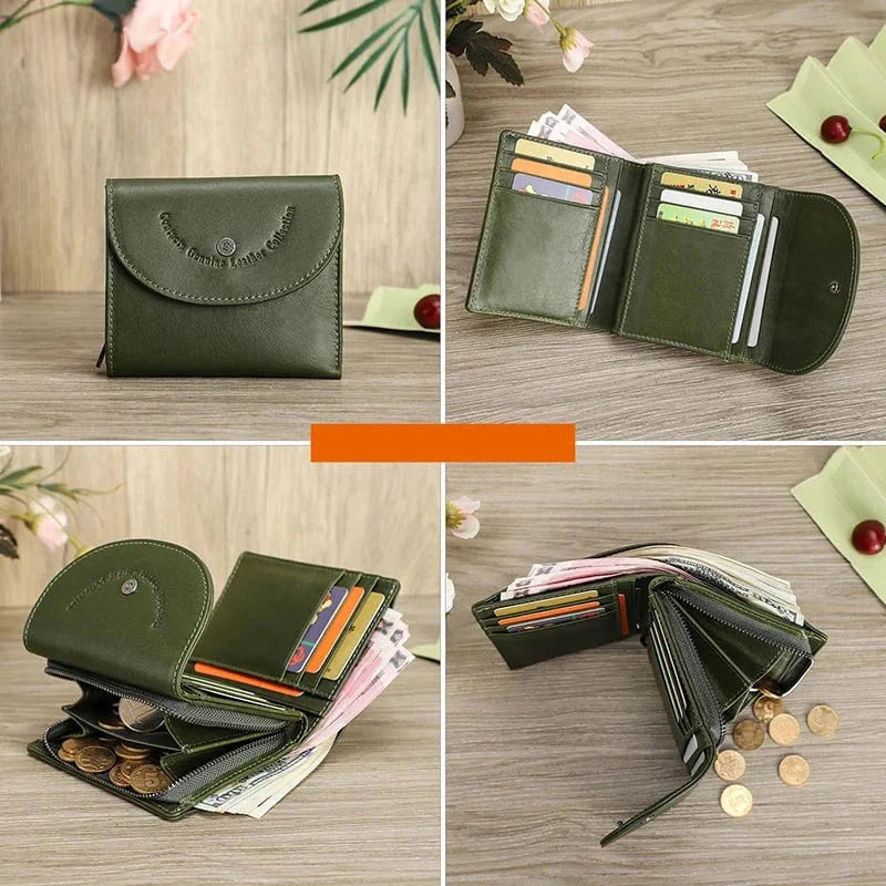 Porte-cartes en cuir souple pour femme, modèle compact marron avec multiples fentes pour cartes.