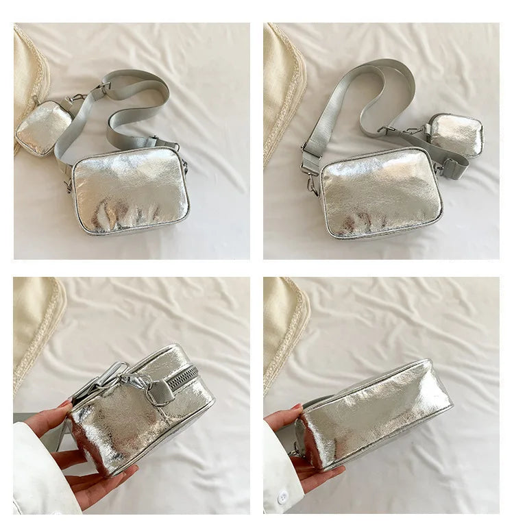 Accessoire de mode: sac bandoulière femme compact argenté en similicuir, style élégant.
