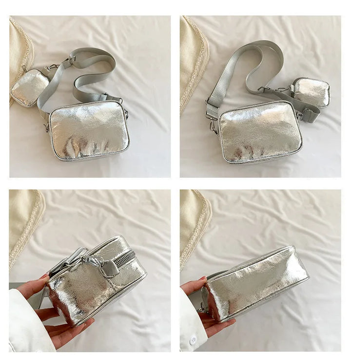 Accessoire de mode: sac bandoulière femme compact argenté en similicuir, style élégant.