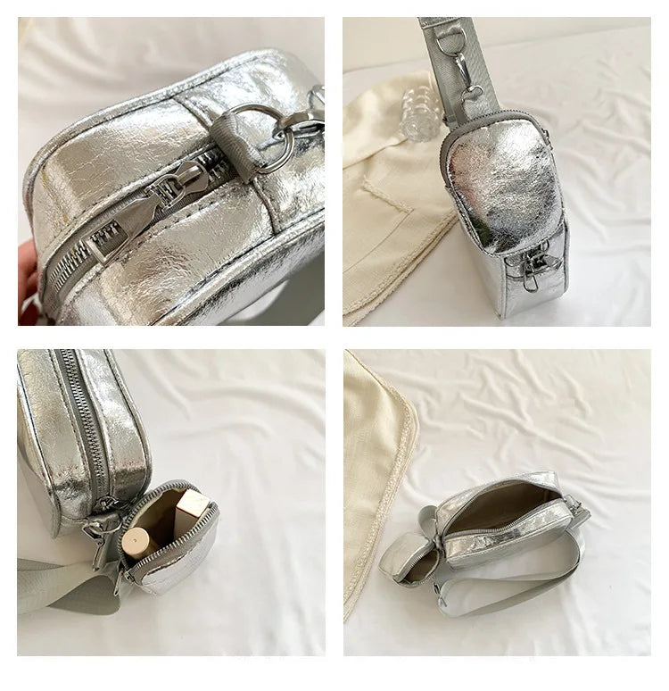 Sac femme bandoulière argenté, carré et compact, fabriqué en similicuir de haute qualité.