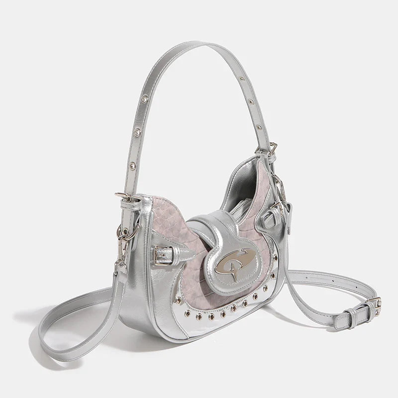 Sac à main femme argenté élégant en cuir PU, effet miroir brillant, parfait pour occasions spéciales et chic.