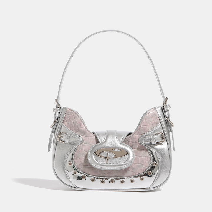 Sac bandoulière femme argenté, design hobo chic, finition effet miroir, accessoire tendance pour soirées.