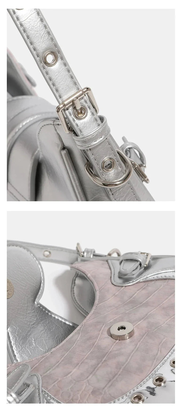 Détail : sac hobo femme argenté à effet miroir, avec bandoulière, idéal pour une soirée ou un événement spécial.