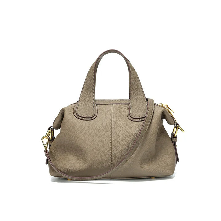 Sac bandoulière femme gris beige en cuir fendu, petit format chic, parfait accessoire de mode.