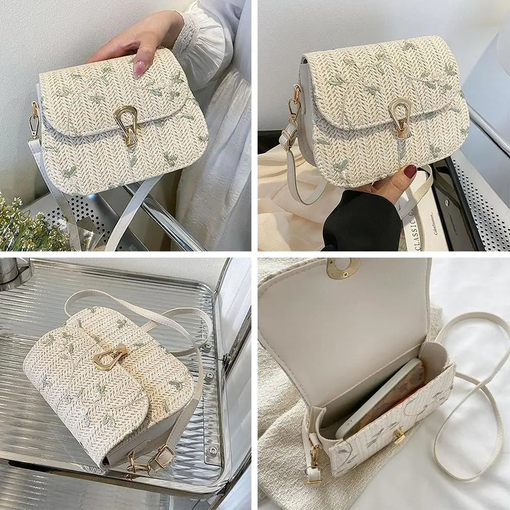 Pochette chic en paille pour femme, accessoire élégant pour le printemps et l'été, style naturel et raffiné.