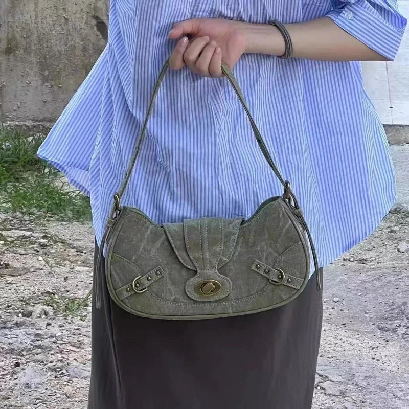 Petit sac à main en toile vert pour femmes, style cabas vintage décontracté, avec bandoulière réglable.